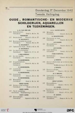 Donderdag 17 December 1942: Tweede veilingdag; Oude, romantische-, en moderne schilderijen, aquarellen en teekeningen (Nr. 216-476)