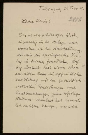 Nr. 288A Brief von Alexander von Brill an Felix Klein. Tübingen, 24.2.1921