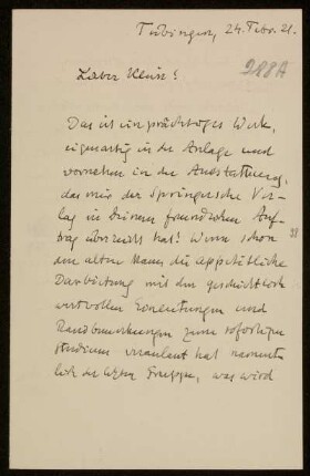 Nr. 288A Brief von Alexander von Brill an Felix Klein. Tübingen, 24.2.1921