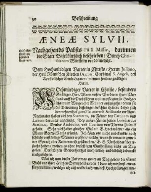 Æneæ Sylvii, Nachgehends Pabsts Pii II. Missiv, darinnen die Statt Basel kürtzlich beschrieben [...]