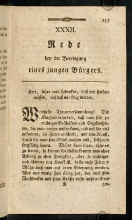 257-269, XXXII. Rede bey der Beerdigung eines jungen Bürgers