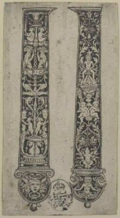 Ornamentblatt (Entwurf für zwei Messergriffe mit Medusenhaupt bzw. bzw. Triton)