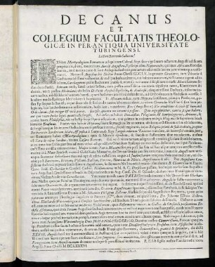Decanus Et Collegium Facultatis Theologicae In Per-Antiqua Universitate Tubingensi. Lectori Benevolo Salutem!