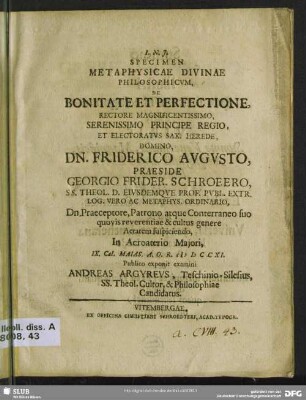 Specimen Metaphysicae Divinae Philosophicum De Bonitate Et Perfectione ...
