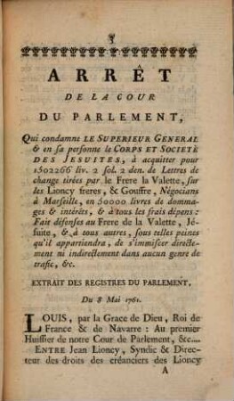 Arrest du Parlement de Paris contre le Général et la Société des Jésuites
