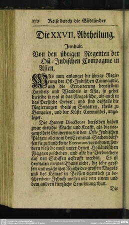 Die XXVII. Abtheilung. Innhalt. Von den übrigen Regenten der Ost-Indischen Compagnie in Asien