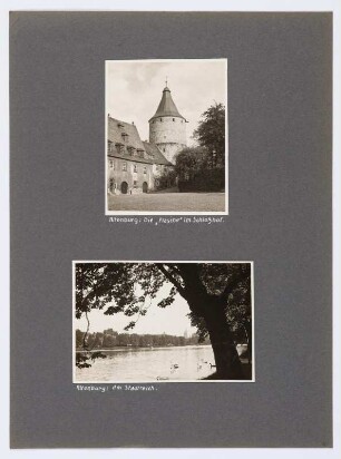 Referenzmappe 3/17 des Fotografen Walter Möbius : Mappenblatt 36 mit zwei Fotografien ("Flasche" im Schlosshof und Stadtteich in Altenburg)