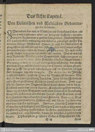 Das Achte Capittel. Von Politischen und Weltlichen Bedeutungen der Cometen.