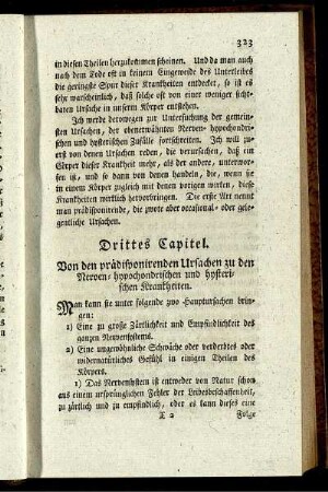Drittes Capitel. Von den prädisponirenden Ursachen zu den Nerven- hypochondrischen und hysterischen Krankheiten.