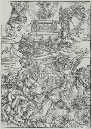 Dürer, Albrecht: Der Engelkampf. Blatt 8 der Apokalypse. Holzschnitt; 394 x 283 mm. 1498. Dresden: Kupferstich-Kabinett A 928