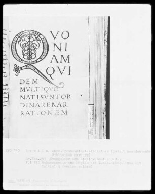 Evangeliar aus Stablo — Textzierseite mit Initiale Q(uoniam quidem), Folio 112recto