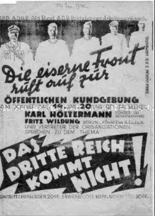 Illustriertes Flugblatt mit einem Kundgebungsaufruf der Eisernen Front