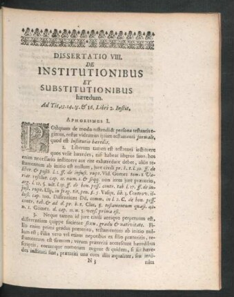 Dissertatio VIII. De Institutionibus Et Substitutionibus. haeredum. (Fridericus Wilhelmus de Wedel)