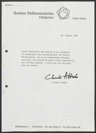Empfehlungsschreiben für den Dirigenten Peter Schlamilch