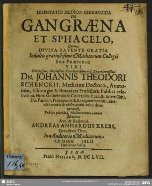 Disputatio Medico-Chirurgica De Gangraena Et Sphacelo : Ad Diem [...] Iulii ...