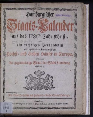 1786: Hamburgischer Staats-Kalender : auf das Jahr