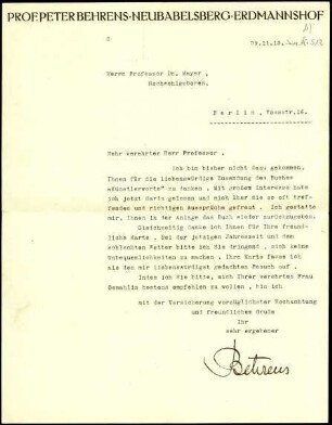 5-10-2-12.0000: Behrens, Peter, Professor, Architekt; diverse Schreiben ff.: Dank für ein Buch