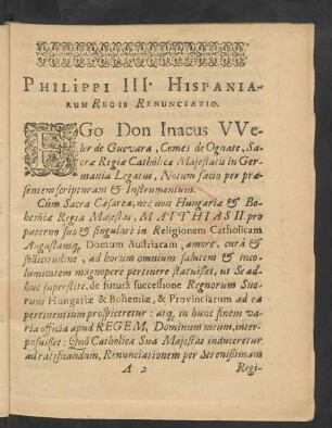 Philippi III. Hispaniarum Regis Renunciatio.