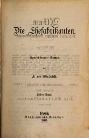 Die Ehefabrikanten : komisch-socialer Roman, 1