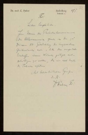 72: Brief von C. Huber (Burschenschaft Allemannia) an Otto von Gierke, Heidelberg, 15.1.1921