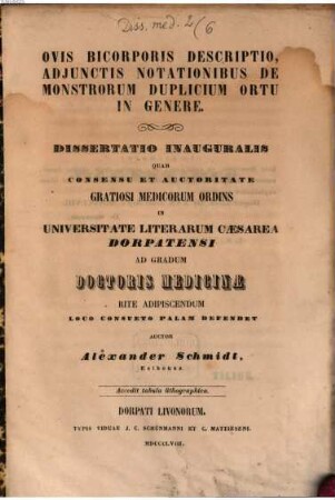 Ovis bicorporis descriptio, adjunctis notationibus de monstrorum duplicium ortu in genere : (Accedit tabula lithogr.) (Diss. inaug.)