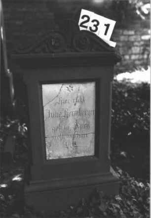 Grabstein 231 (Index: 100082179) Material: Sandstein, weiße Marmorplatte Zustand: Platte gesprungen Maße HxBxT: 102x48x27 cm Beschreibung: Stele, profiliert. Sockel, Volutenaufsatz mit MIttelakroter, rechteck. Schriftplatte Symbolik: Voluten, Blüten, Stern: Grabstein 231