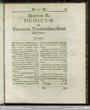 Membrum III. Medicum. De Thermarum Trentsinensium efficaci salubritate