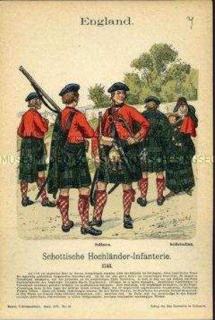 Uniformdarstellung, Soldaten der Schottischen Hochländer-Infanterie, Soldatenfrau und Kind, Königreich Großbritannien, 1743.