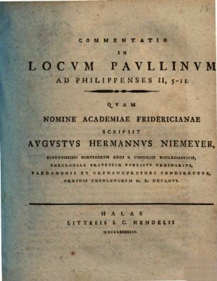 Commentatio in locum Paullinum ad Philippenses II, 5 - 11