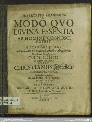 Dissertatio academica de modo quo divina essentia ab homine cognosci potest