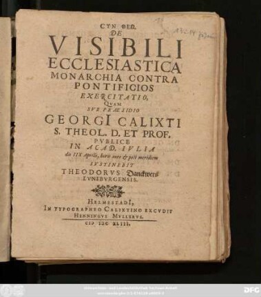 [1]: De Visibili Ecclesiastica Monarchia Contra Pontificios Exercitatio