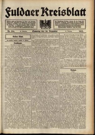 Erste Ausgabe vom Samstag, den 20. Dezember 1913.
