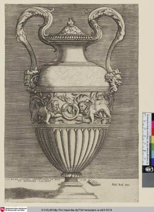 [Antike Vase mit zwei von Maskarons gestützten Henkeln und zwei Lorbeerranken durchschreitenden Löwen, die sich auf einen Ring zu bewegen]