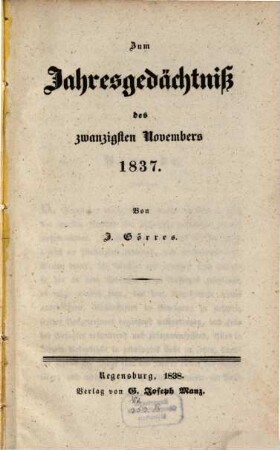 Zum Jahresgedächtniß des zwanzigsten Novembers 1837