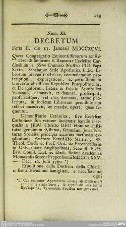 Num XI. Decretum Feria II. die 11. Januarii MDCCXCVI