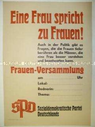 Blanko-Maueranschlag für die Einberufung von SPD-Frauenversammlungen