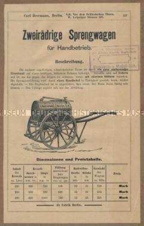 Zweirädrige Sprengwagen für Handbetrieb.