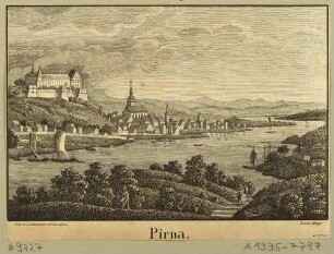 Stadtansicht von Pirna mit dem Sonnenstein und der Marienkirche von Nordosten über die Elbe