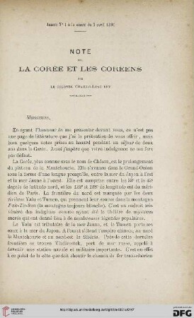 3.Ser. 2.1891: Note sur la Corée et les Coréens