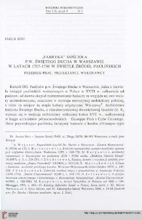 59: "Fabryka" kościoła p.w. Świętego Ducha w Warszawie w latach 1707-1730 w świetle źródeł paulińskich : przebieg prac, projektanci, wykonawcy