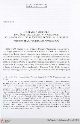 59: "Fabryka" kościoła p.w. Świętego Ducha w Warszawie w latach 1707-1730 w świetle źródeł paulińskich : przebieg prac, projektanci, wykonawcy