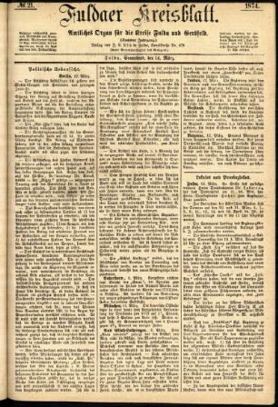 Erste Ausgabe vom Samstag, den 14. März 1874.