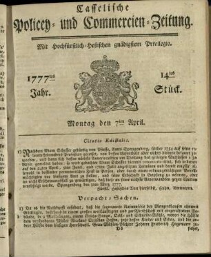 14tes Stueck, Montag den 7ten April 1777