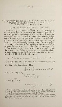 A Demonstration of the expression for the number of homogeneous products of n things of y dimensions.