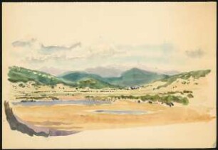 Skizze: Landschaft mit See und Gebirge