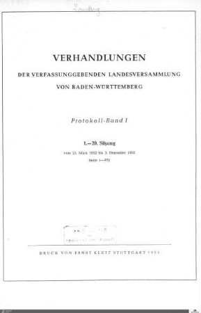 1: Verfassunggebende Landesversammlung Baden-Württemberg, Protokolle, 1952, Bd. 1