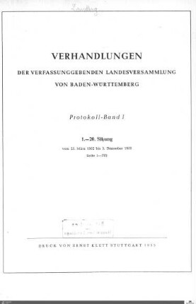 1: Verfassunggebende Landesversammlung Baden-Württemberg, Protokolle, 1952, Bd. 1