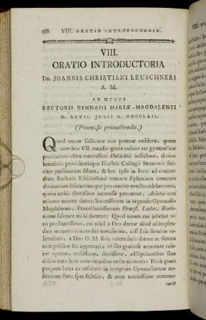 VIII. Oratio introductoria Dn. Joannis Christiani Leuschneri [...]