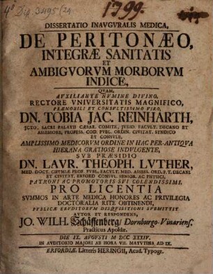 Diss. inaug. ... de peritanaeo, integrae sanitatis et ambiguorum morborum indice