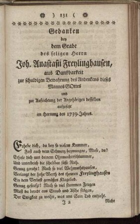 Gedanken bey dem Grabe des seligen Herrn Joh. Anastasii Freylinghausen,...